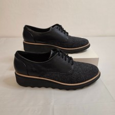 Clarks Sharon Noel Womens 8.5 Black Leather Tweed Lace Up Platform Oxford Shoes