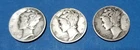 Lot of 3 Mercury Dimes,  1940-P, 40-D, 40-S, 90% silver,  circulated, $.30 FV