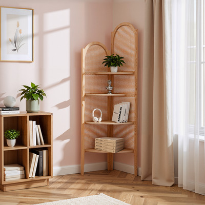 4 Tier Wood Corner Shelf Rattan Bookshelf Multi Unit Organizer Rack with Legs