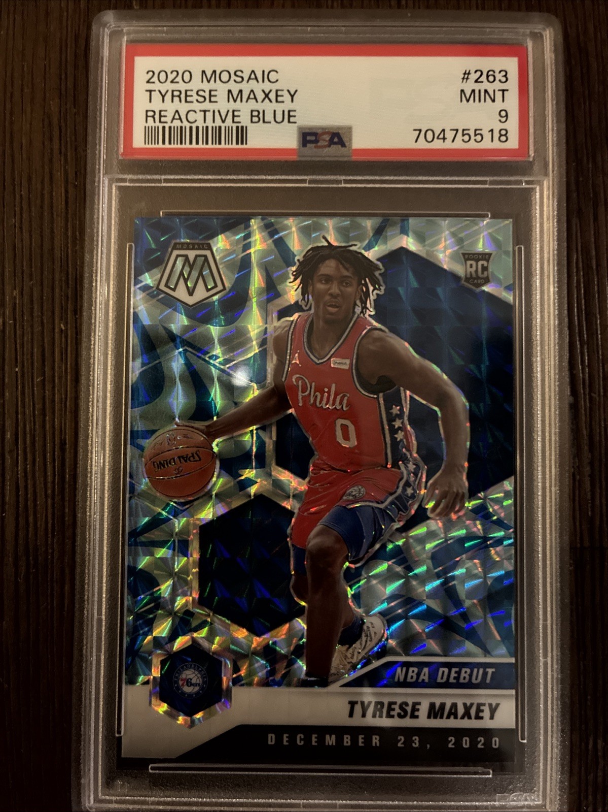 2020-21 Panini Mosaic NBA Debut Tyrese Maxey #263 (RC) Blue Reactive PSA 9