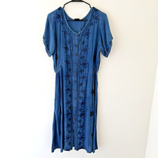Blue Embroidered Rayon Midi Dress Boho Cottagecore Festival Button Front Size L