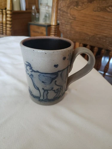 Vintage 1991 Rowe Pottery Works Cow Mug Cup Salt Glaze 3 7/8"Greetings Wisconsin