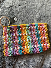 FOREVER 21 Multicolor Crochet Beaded Wristlet Clutch Zip Pouch, Inner Pockets