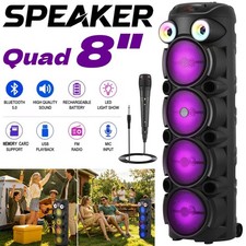 10000W Quad 8'' Bluetooth Party Speaker Heavy Bass with Mic FM TWS AUX LED Light