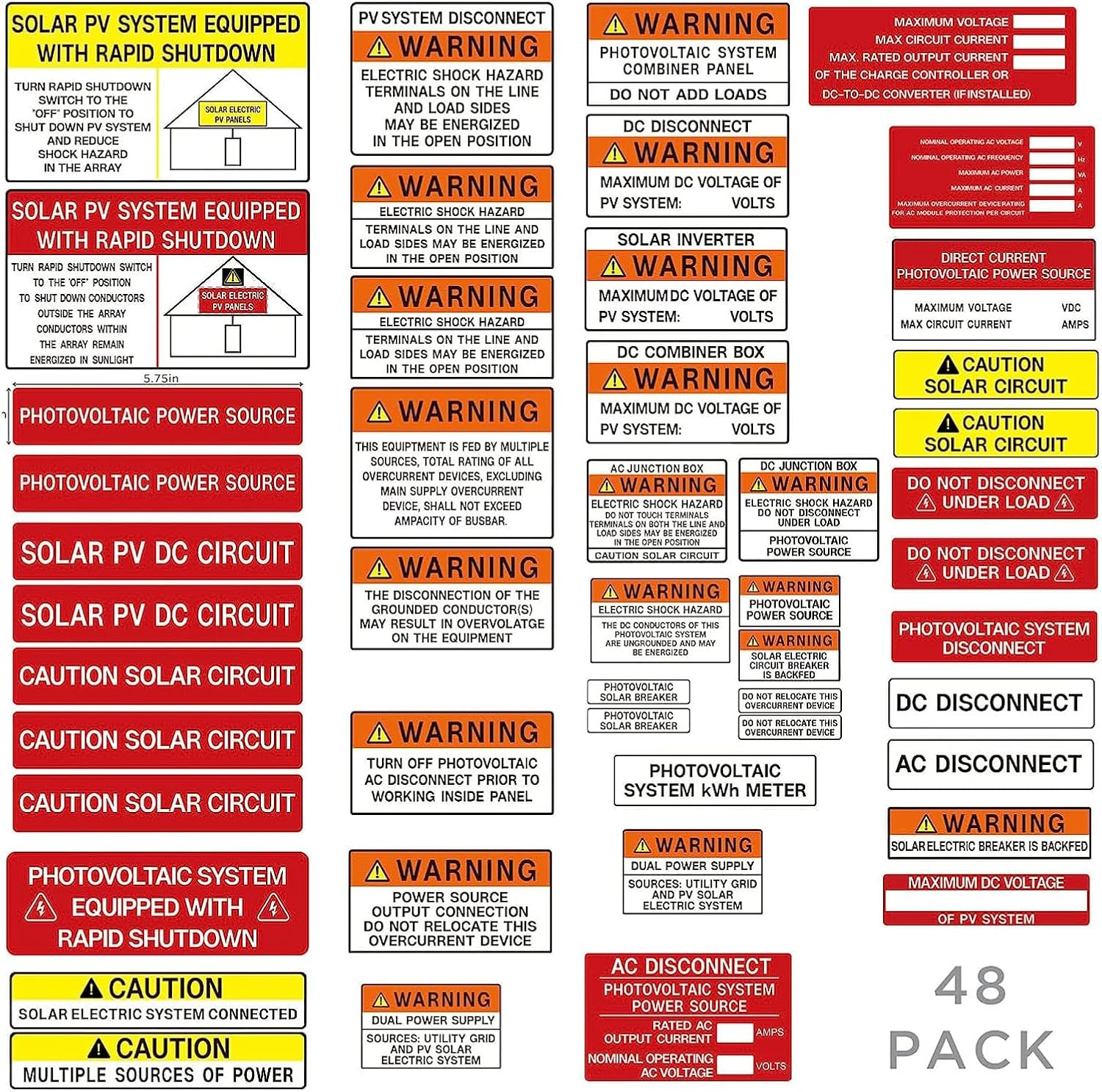 48 Pack PV Solar System Install Label Kit,Photovoltaic Safet