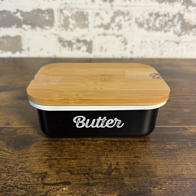 NEW  Klarstein Farmhouse Country Countertop Butter Dish, Bamboo Lid, Black/White