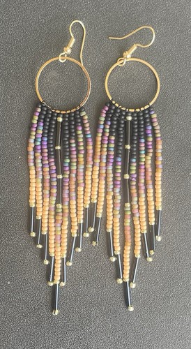 Boho Native Style Multicolor Seed Bead Beaded Earrings Fringe Tassel Hoop Long