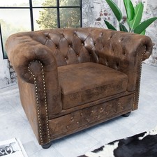 Chesterfield Sessel 110cm antik braun mit Knopfheftung und Federkern