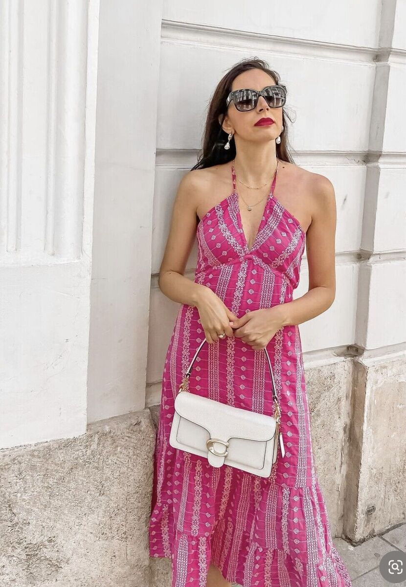 ZARA NEW SS22 OPENWORK EMBROIDERED HALTER MIDI DRESS FUCHSIA ZARA NEW SS22 OPENWORK EMBROIDERED HALTER MIDI DRESS FUCHSIA