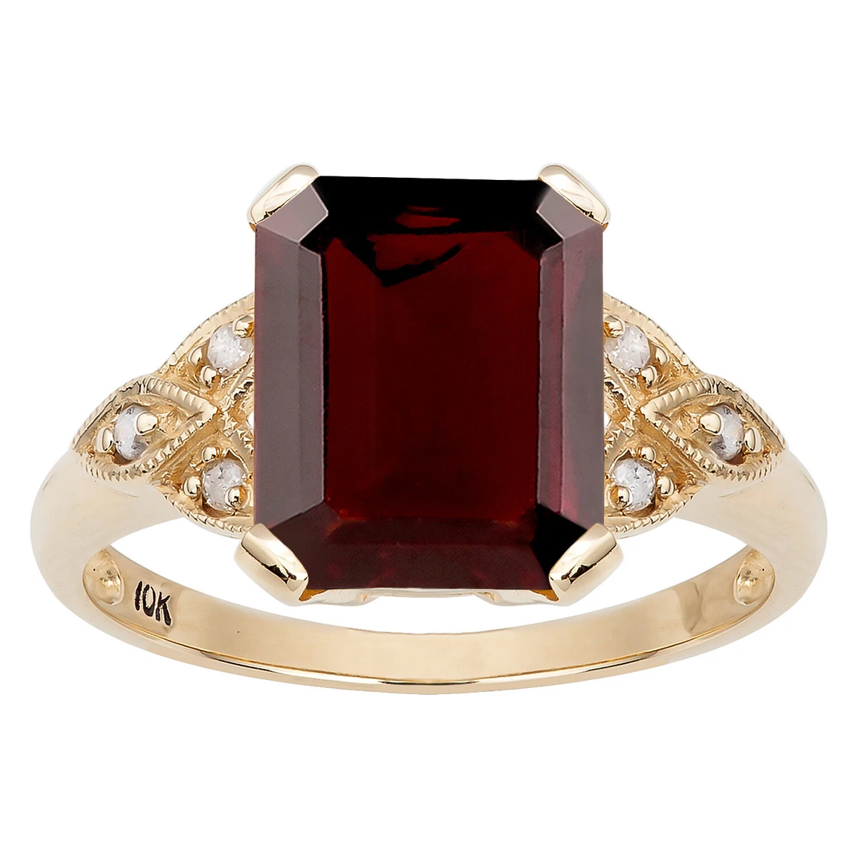 10k Yellow Gold Vintage Style Emerald Cut Garnet and Diamond Ring