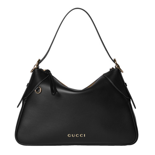 GUCCI GG Emblem Large $3100 Black Leather Shoulder Bag New And Authentic
