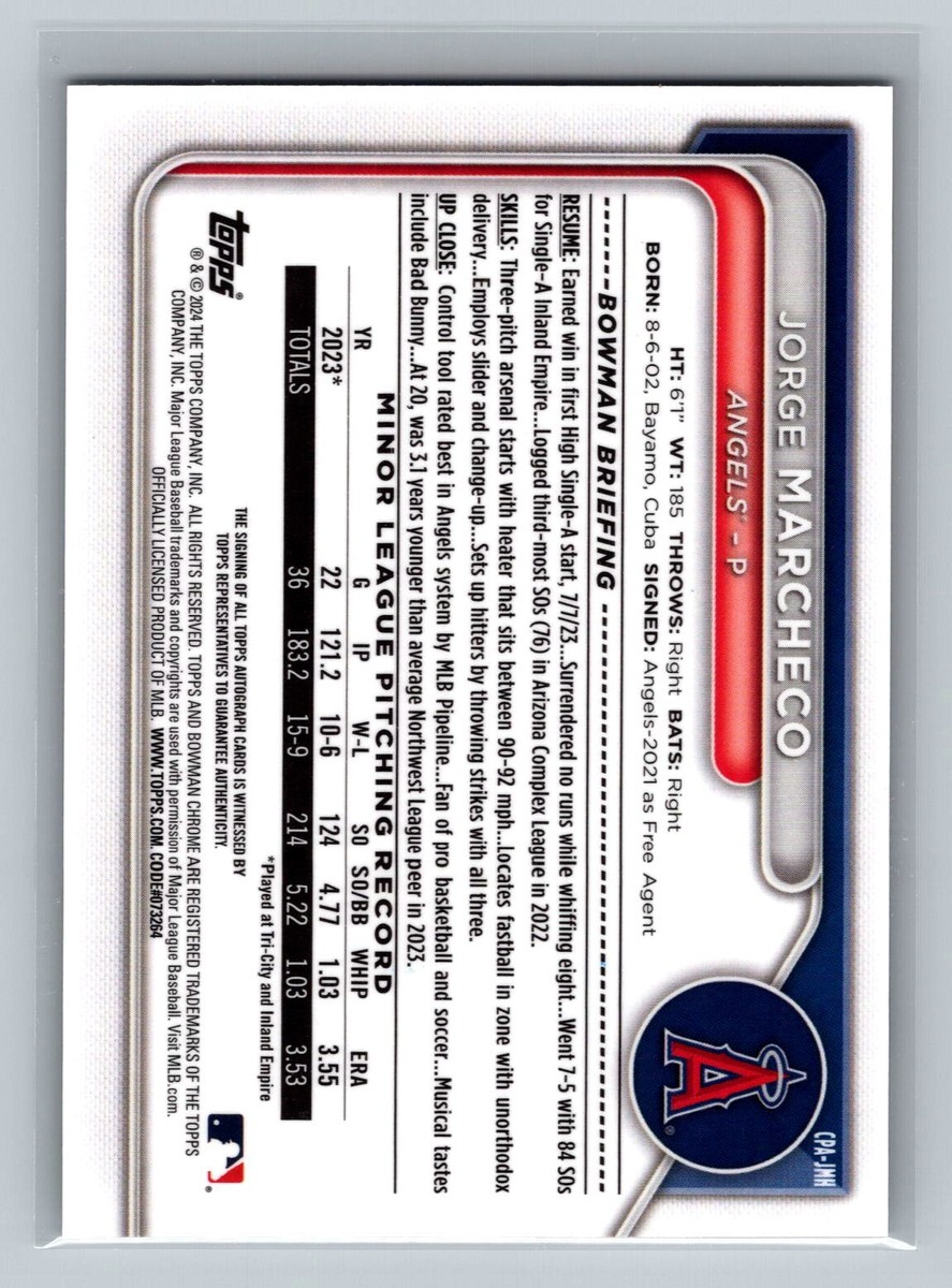 2024 Bowman #CPA-JMH Jorge Marcheco Chrome Prospect Auto Angels | eBay