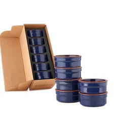 Set of 6 Handmade Glossy Terracotta Blue Ceramic Ramekins 4 oz Crème Brûlée