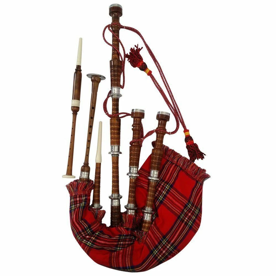 TARTANCITY Scottish Great Highland Bagpipe Rosewood Natural Finish Silver mounts Tutor Book