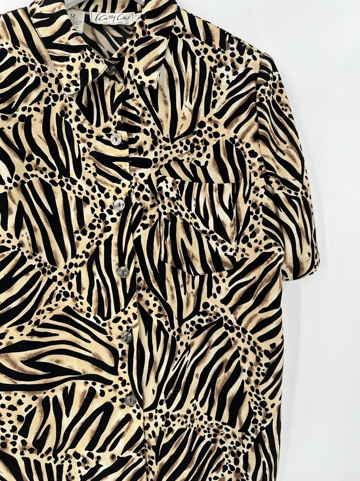 Vintage Kathy Che Blouse Womens 12 Large Black Beige Animal Print Zebra Button - Image 2 of 4
