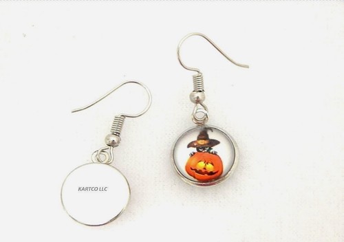 CABOCHON DROP DANGLE EARRINGS WITH CUTE BLACK WITCH CAT ON JACK-O-LANTERN-SMALL - Picture 7 of 8