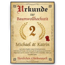 Personalisierte Urkunde zum 2. Hochzeitstag Geschenk Baumwollhochzeit Karte 2. J