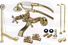 Polished Brass Clawfoot Tub Faucet Kit Includes Drain - Supplies & Stops