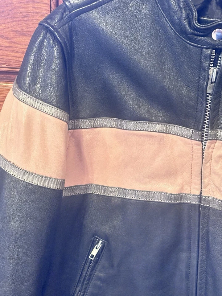 Chaqueta de moto de cuero a rayas negra y rosa con cremallera YKK para mujer talla XL Foto 2 de 4