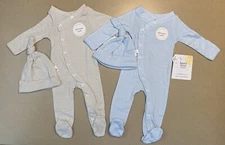 Lot of 2 Burt's Bees Micro Stripe Organic Cotton Jumpsuit Knot Hat Set Preemie