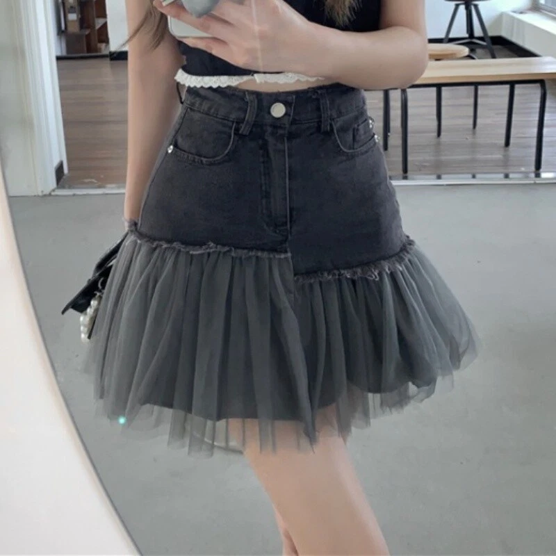 Womens Denim Patchwork Mesh Tulle Skirts Gothic Asymmetric A Line Frill Skirts