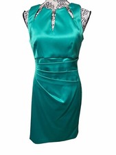 Eliza J Women’s 6 Pleated Emerald Green Cocktail Stretch Dress Rhinestone Accent