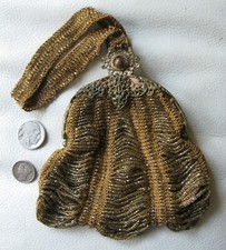 Antique Art Deco Gold Floral Frame Tan Knit Iridescent Red Bead Lined Purse