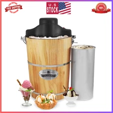 Elite Gourmet 6 Quart Ice Cream Maker – Vintage Wood Bucket, Bonus Hand Crank