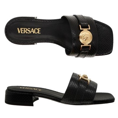 Versace Medusa Sandals Black Snake Embossed Leather Size 39 New