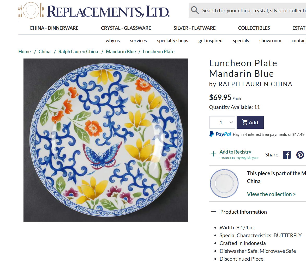 Ralph Lauren Mandarin Blue Porcelain China Dinnerware 16 pc Set