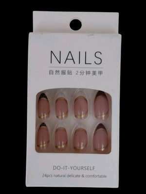 PRESS ON ONE MINUTE FAKE NAILS 24pc Medium Almond Pink/Gold/Tips DO IT YOURSELF