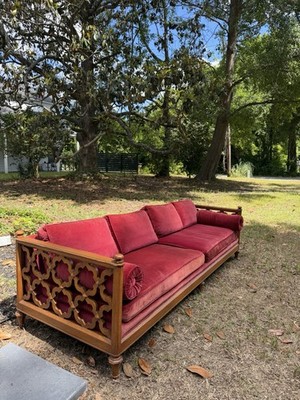 Henredon 1960s Red Velvet Sofa With Wood Frame 8ft x 35in x 25in Living Room