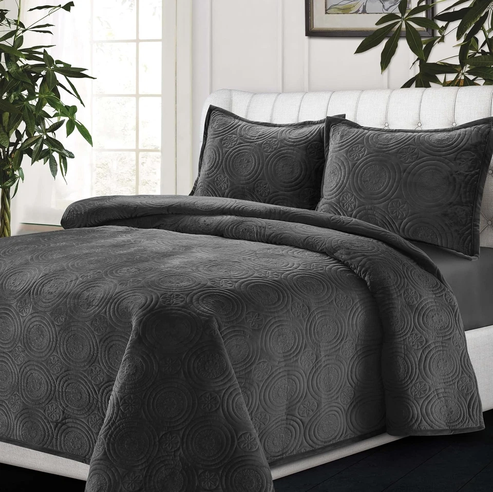 Lujoso juego de edredón de terciopelo de gran tamaño, tamaño king, gris humo Foto 3 de 4