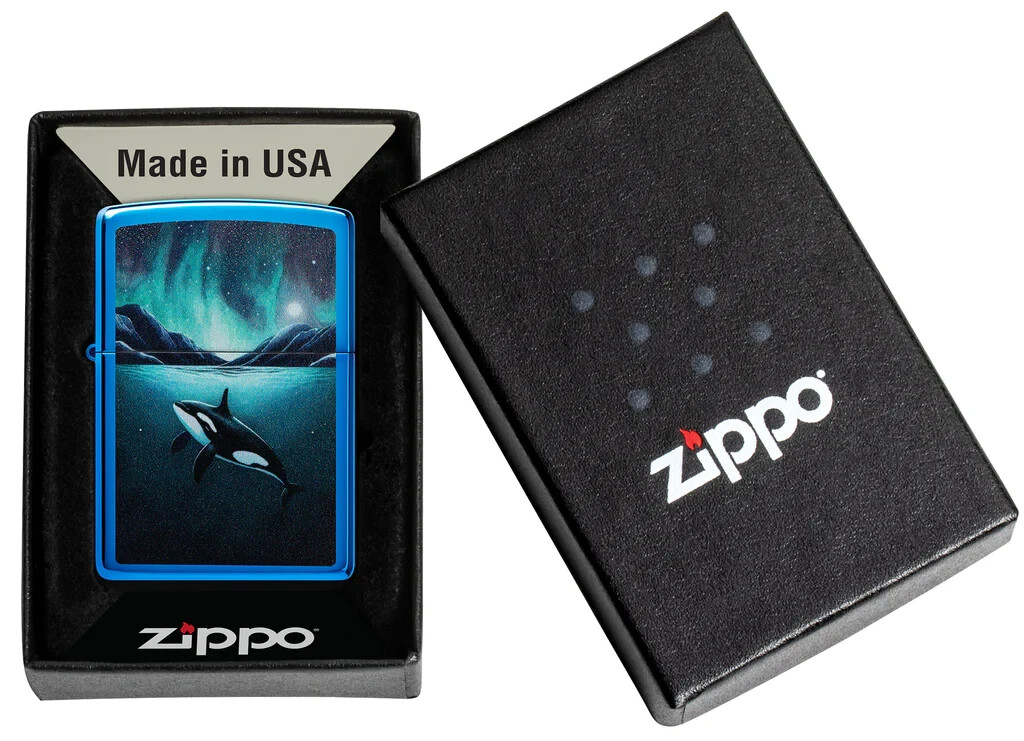 Zippo 48984, Aurora and Orca Whale Design, High Polish Blue