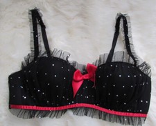 FREDERICK'S of HOLLYWOOD Black Sheer Trim Beaded Adjustable Strap Hook  Eye 32B
