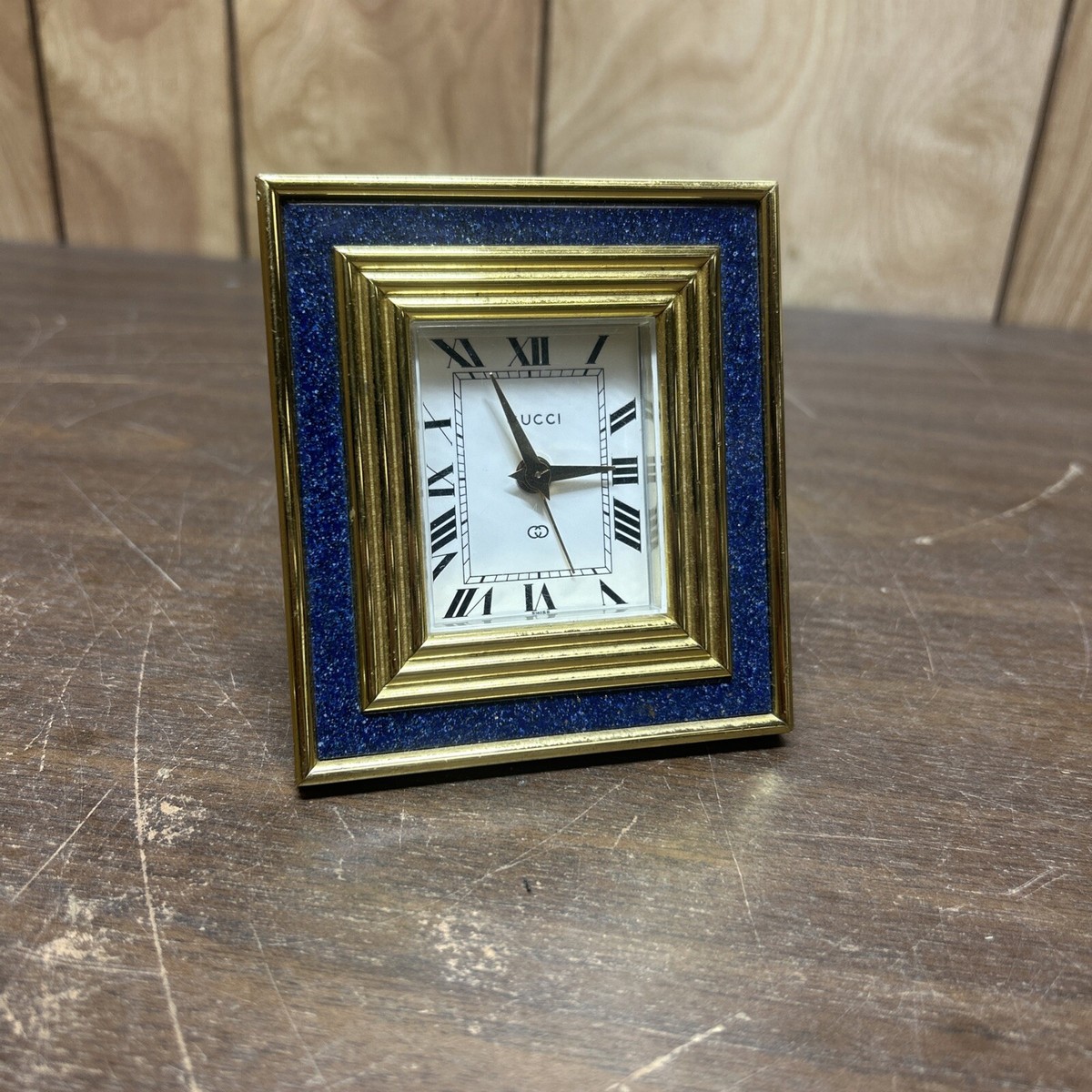 Vintage Gucci 8 Day Blue Lapis Desk Alarm Clock With Retractable