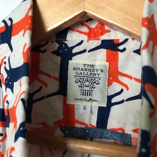 The Sharkey's Gallery Cat Print Button Up Shirt Size M L Japan White Orange Blue - Picture 3 of 6