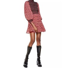 Alice + Olivia Elvira Tiered Long Sleeve Smocked Mini Dress in Red/Black Size 4