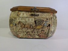 Anton Pieck Decoupage Round Oval Purse Wood W/ Handle W/ Quilted Lining Vintage