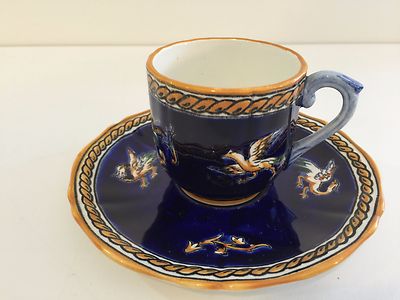 Vintage Gien France Renaissance Fond Blue Demitasse Cup & Saucer Set