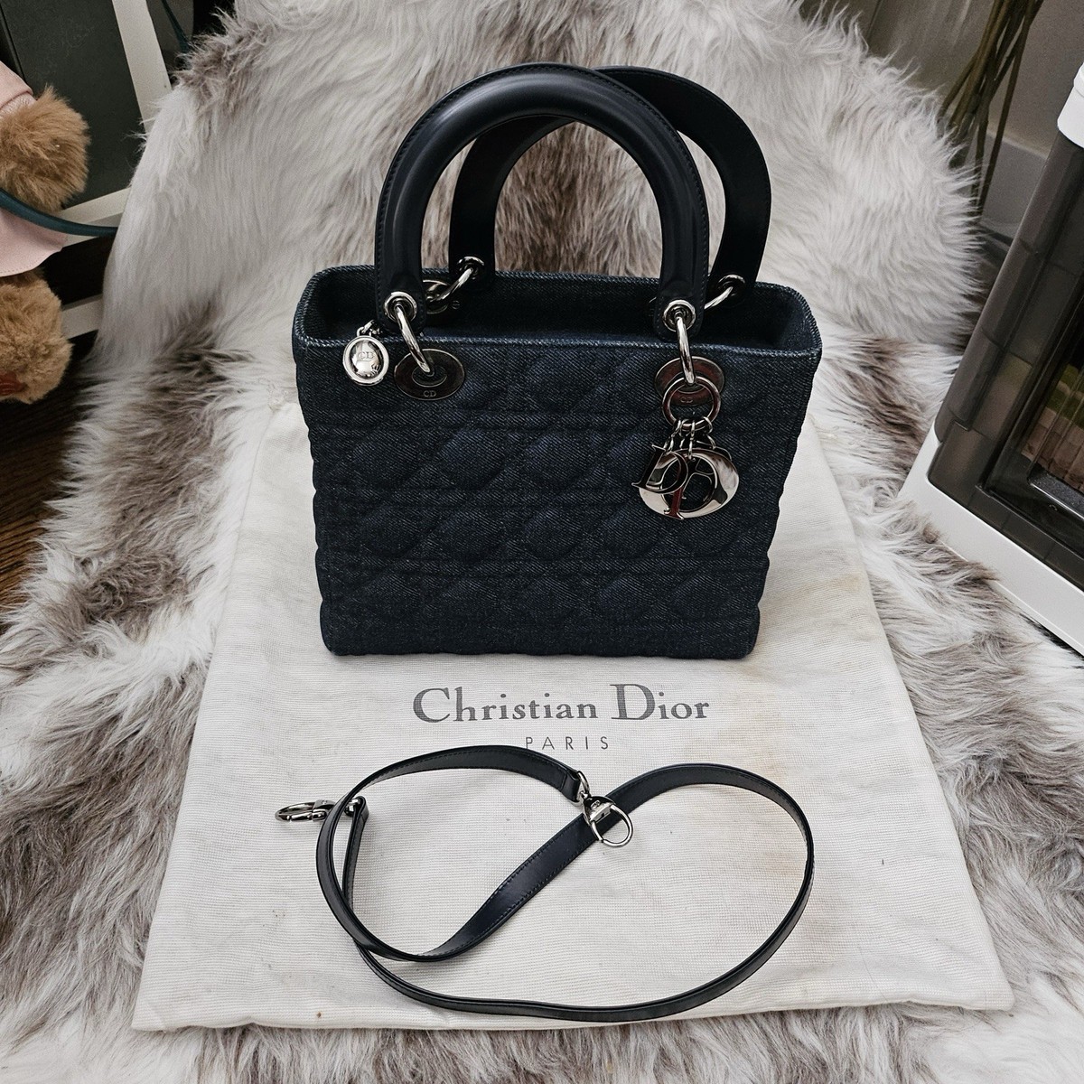 【ヴィンテージ】Rank:S☆Dior Blue Lady Medium Micro-Cannage CHRISTIAN DIOR Medium Lady Dior Cannage Lambskin Leather