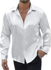 Mens Silk Satin Shirts Long Sleeve Button down Loose Fit Dress Shirt Luxury Part
