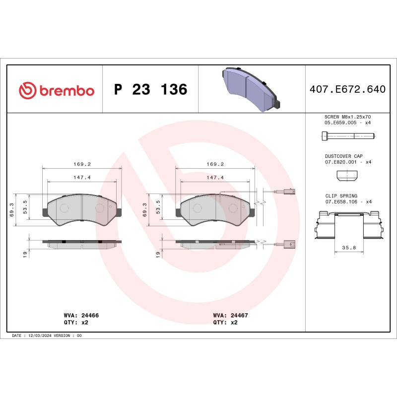 BREMBO P 23 136 Brake Pads Set Front for Ducato Boxer JUMPER Movano