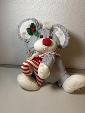 Vintage Fisher-Price Puffalump Gray Christmas Mouse 12" Plush 1987 w/ Candy Cane