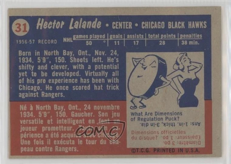 1957-58 Topps Hec Lalande #31 Rookie RC - Image 2 of 2