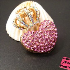 Fashion Pink Crystal AB Crown Love Heart Rhinestone Charm Women Lady Brooch Pin