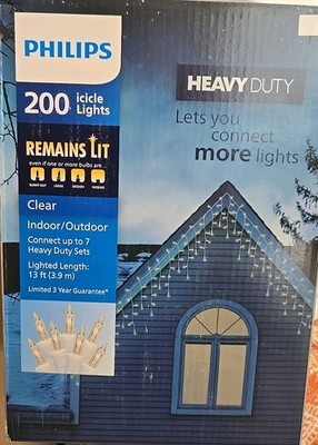 Philips Heavy Duty 200 Icicle Christmas Lights Clear Indoor Outdoor White Wire