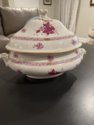 Vintage Herend Hungary Porcelain Chinese Bouquet Raspberry 15  Long Soup Tureen
