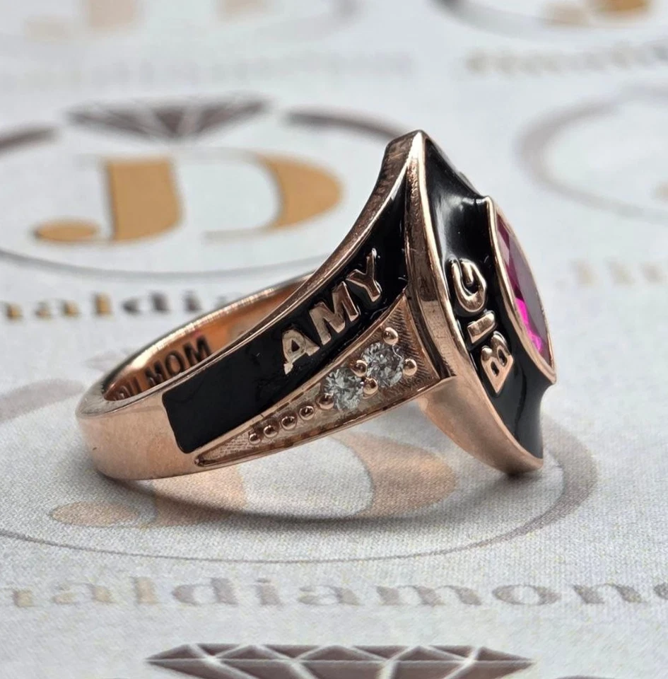 Anillo Clase Nogal Grande Personalizado Chapado en Oro Rosa Marquesa Piedras Preciosas Regalo Graduación Foto 4 de 4