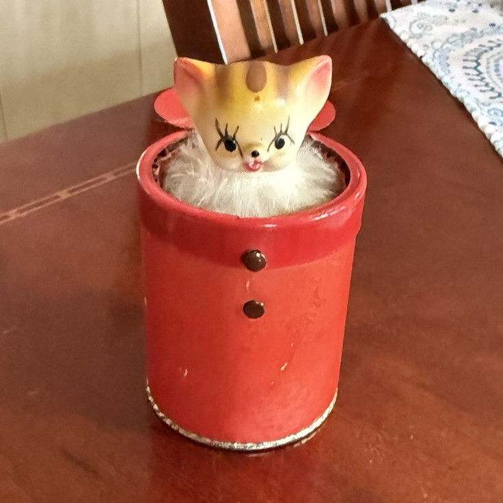 Vintage 1950’s Red Tin Jack-in-the-Box Pop-Up Cat with Lid 